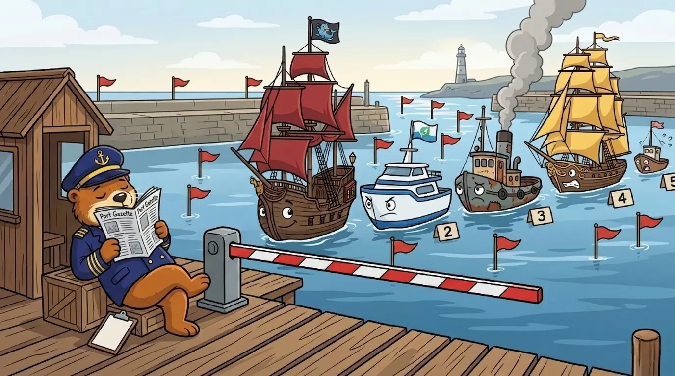 A vessel sailing into the harbour with small red flags posted along the route and nobody actually standing at the gate to stop it
