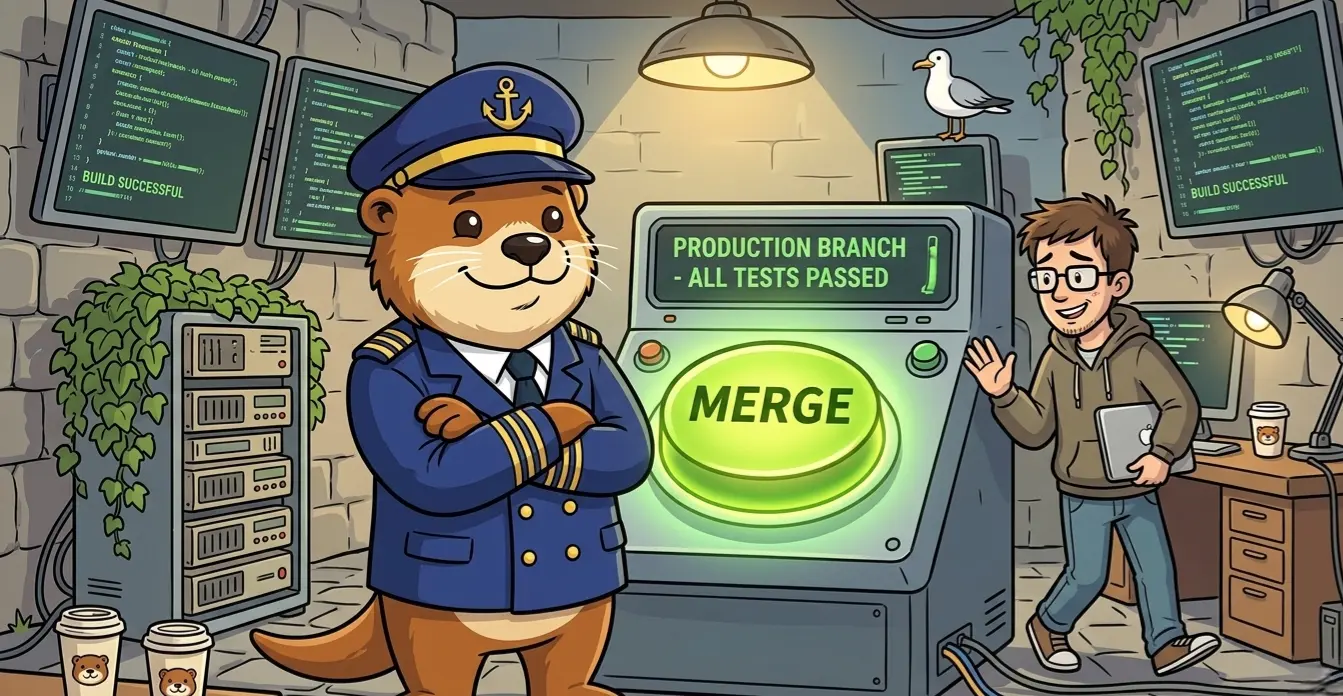 Captain Patch standing in front of a glowing green merge button with arms crossed while a developer politely tries to walk around
