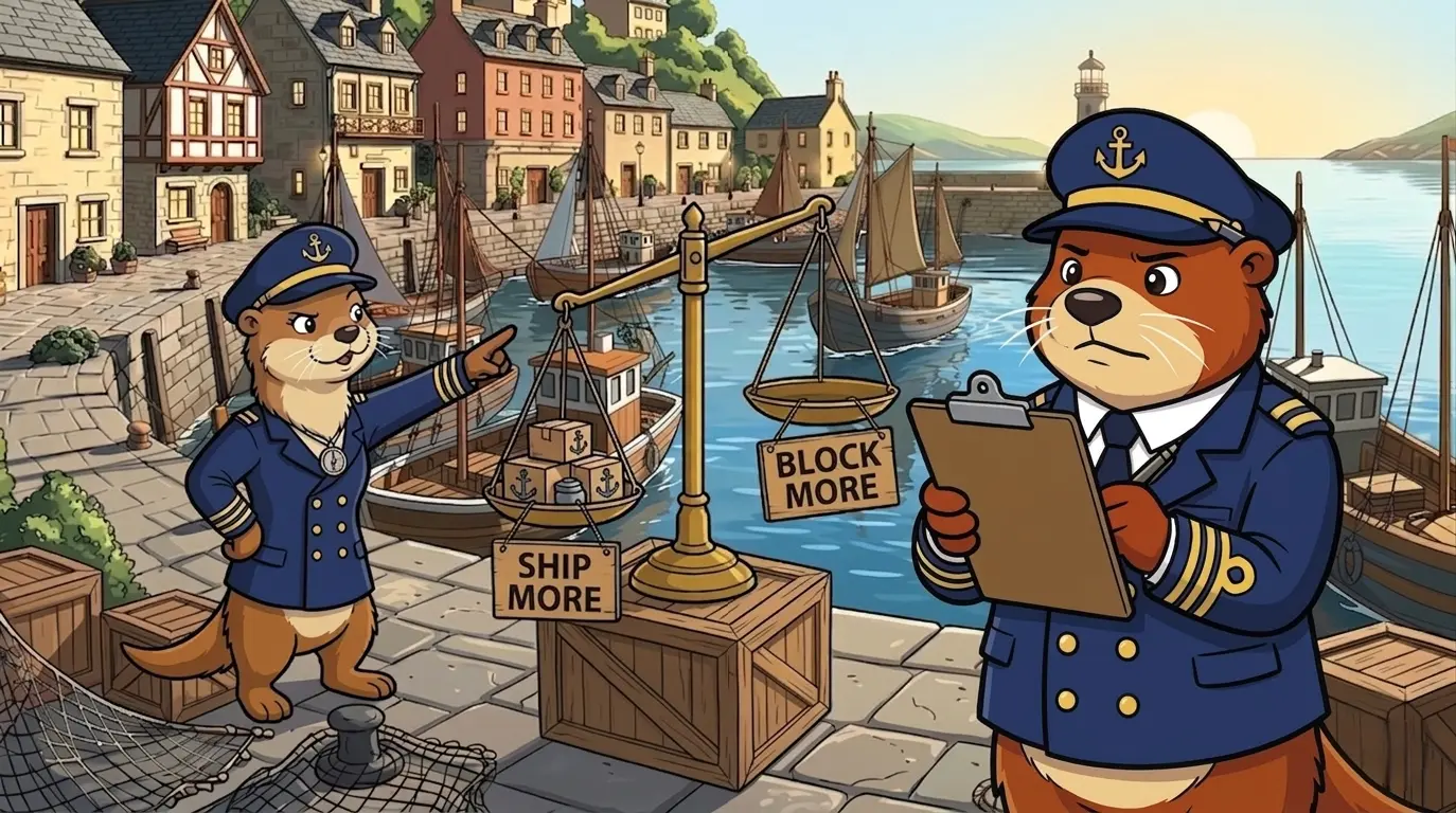 Captain Patch holding a clipboard while Captain Scout points at a tilted scale labeled 'ship more' on one side and 'block more' on the other
