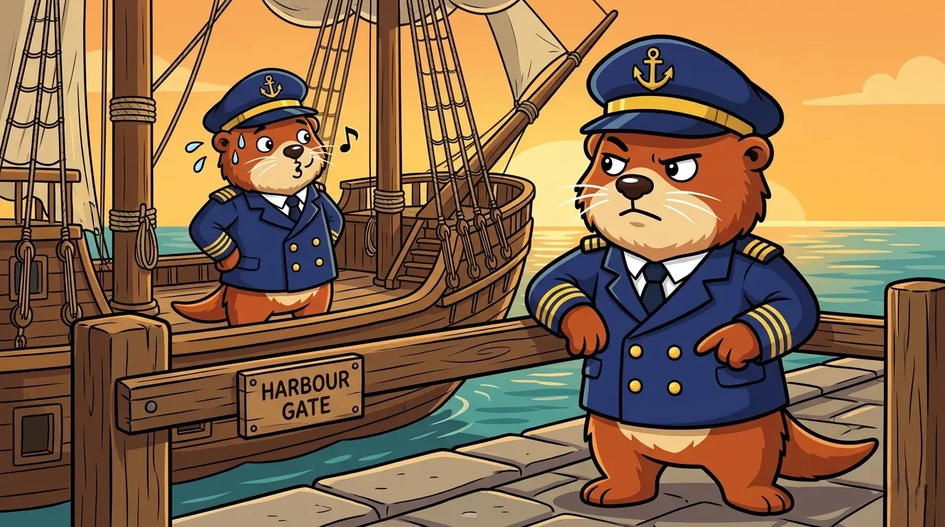 Captain Patch standing at the harbour gate looking suspiciously at a vessel that's also wearing the harbour master uniform