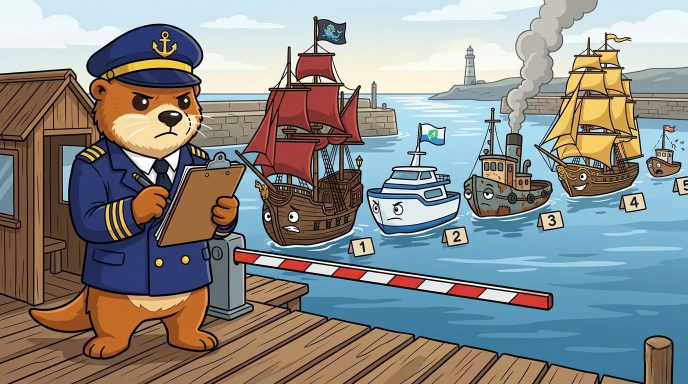 Captain Patch standing at the harbour gate while a row of vessels from different shipyards line up, each waiting for clearance