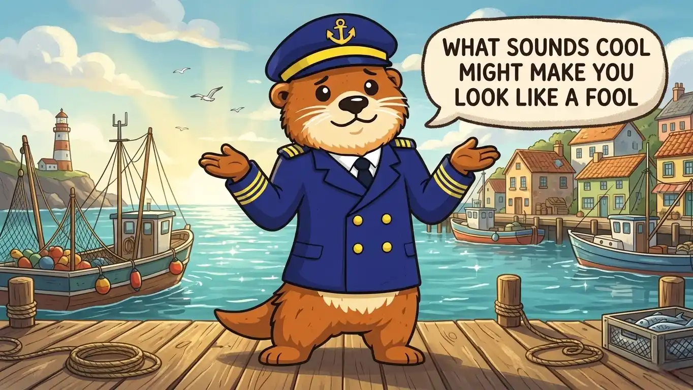 Captain Patch and Captain Scout discussing an early product name that sounds cool but stays category-adjacent