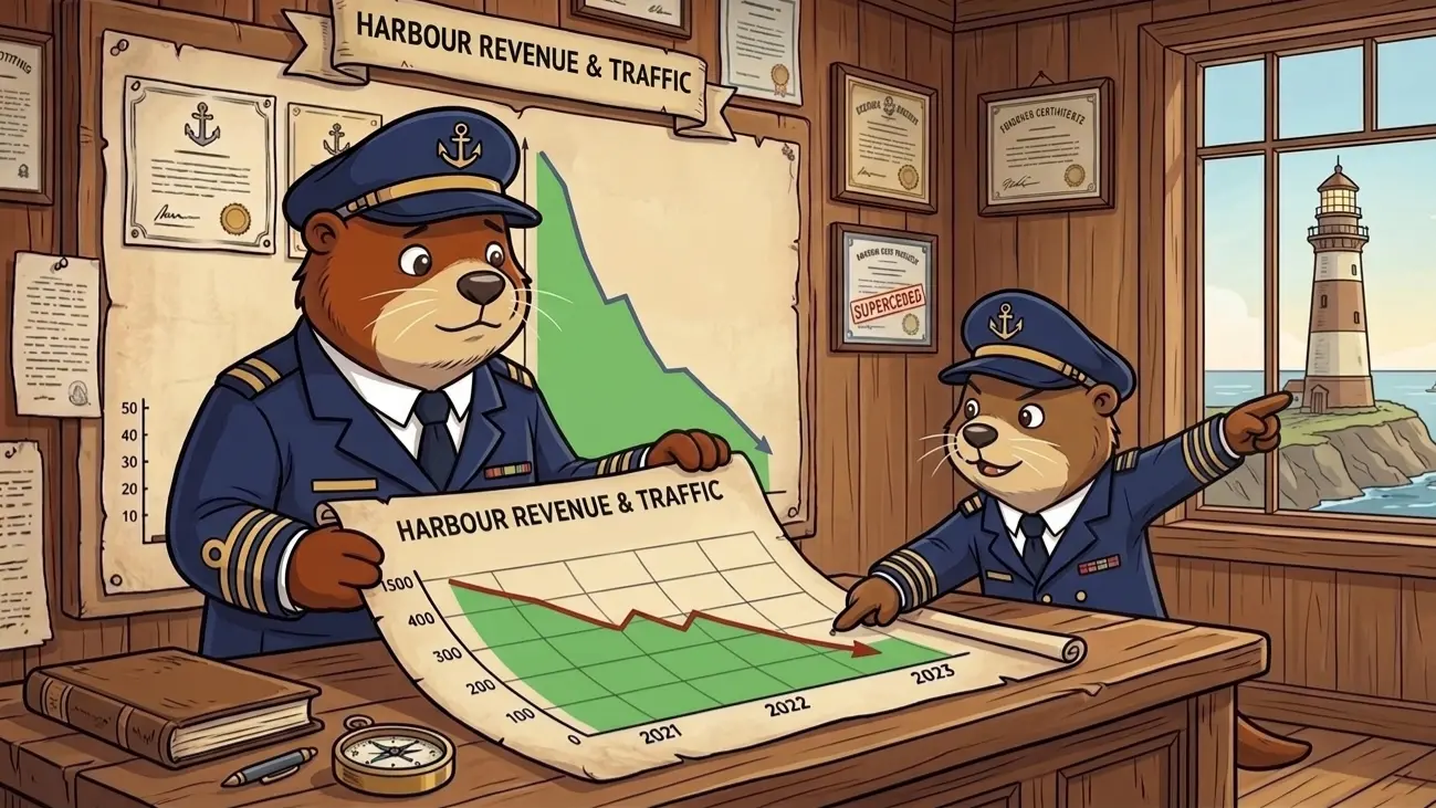 Captain Patch and Captain Scout at the harbour office table, Patch holding a graph that slopes downward, Scout pointing at it with one paw and at the lighthouse with the other
