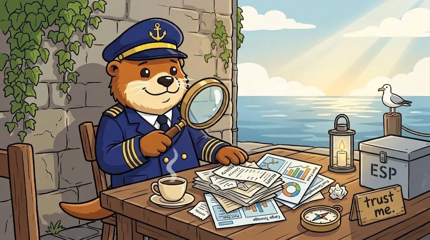 Captain Patch with a magnifying glass over a stack of receipts and dashboards, an opaque box labelled ESP sitting in the corner with a small sign reading trust me