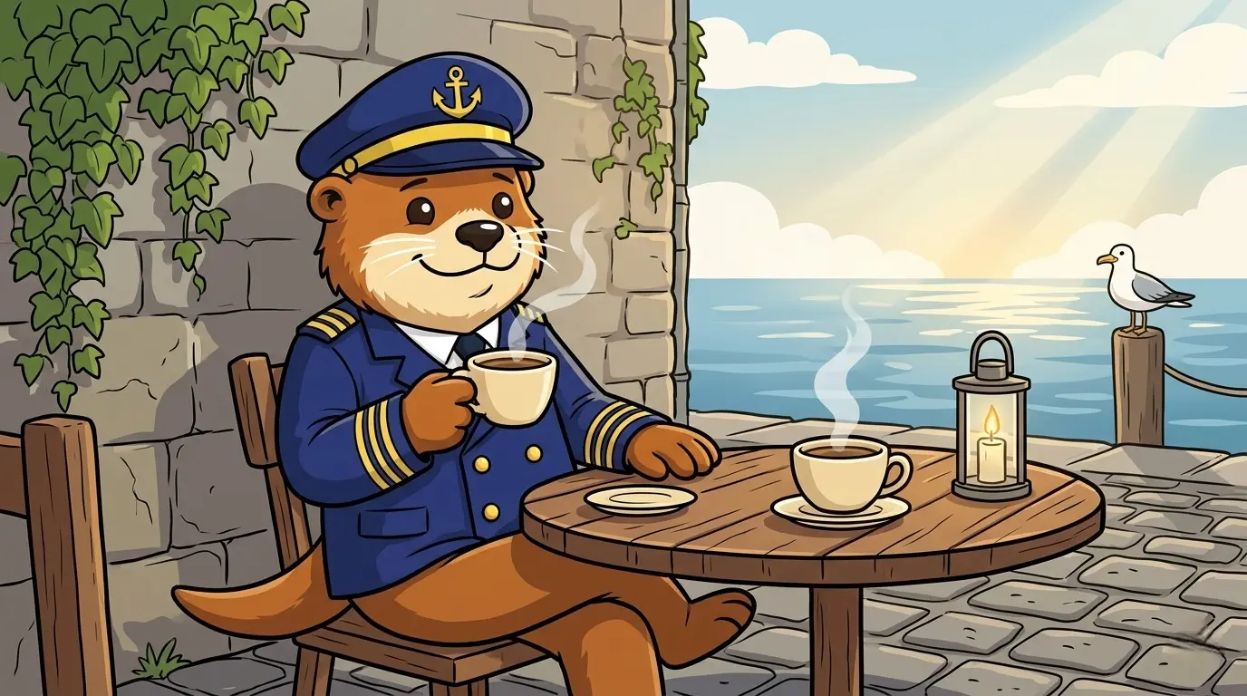 Captain Patch sitting at a small table with two cups of coffee, having an argument that looks affectionate