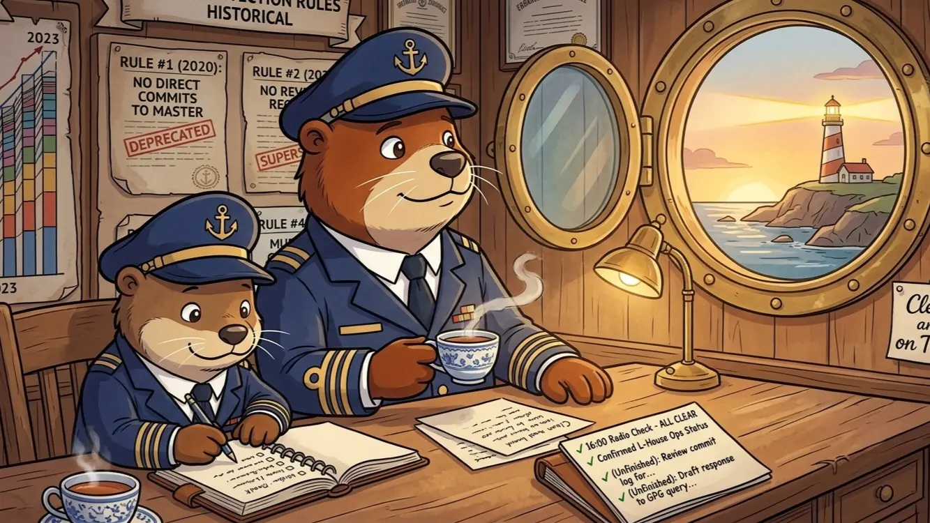 Captain Patch and Captain Scout at the end of a long day, two cups of tea on the desk, a notebook open with bullet points half written, the lighthouse blinking clean and on time outside the window